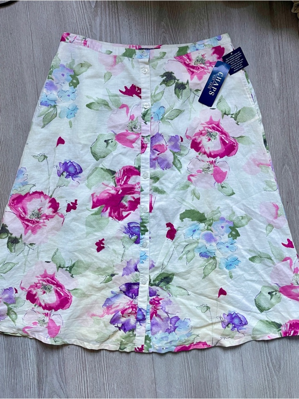 NWT Linen-Cotton Blend A-Line Button-Front Midi Skirt with Floral Print